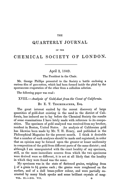 XVIII.—Analysis of gold-dust from the coast of California