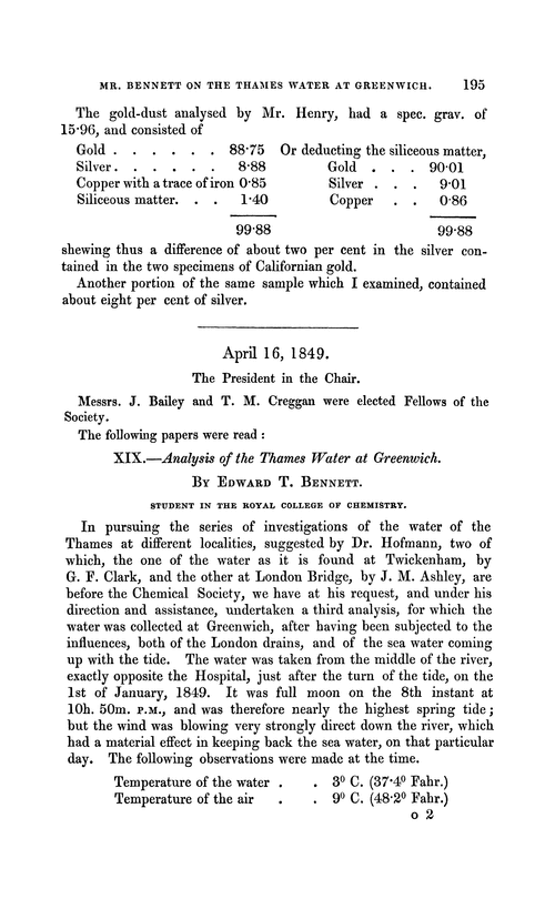 XIX.—Analysis of the Thames water at Greenwich