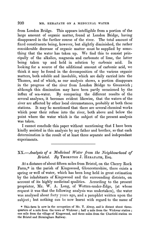 XX.—Analysis of a medicinal water from the neighbourhood of Bristol