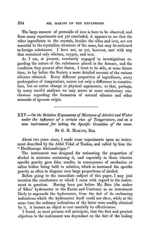 XXV.—On the relative expansions of mixtures of alcohol and water under the influence of a certain rise of temperature, and on a new instrument for taking the specific gravities of the same