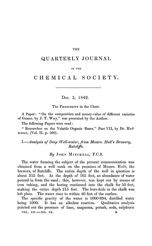 I.—Analysis of deep well-water, from Messrs. Holt's brewery, Ratcliffe