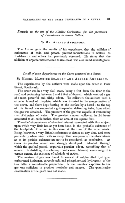 Detail of some experiments on the gases generated in a sewer