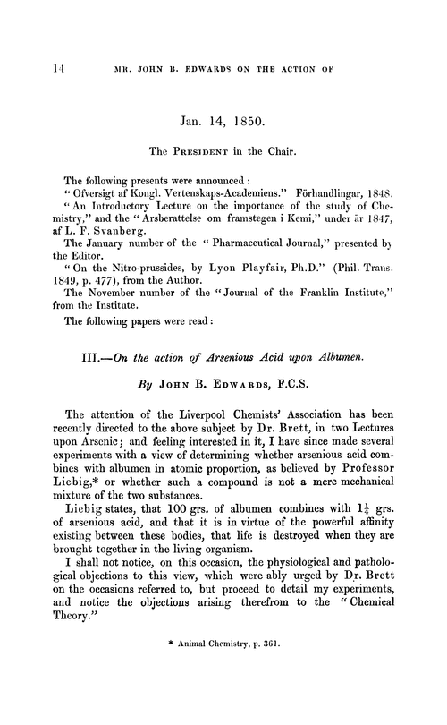 III.—On the action of arsenious acid upon albumen