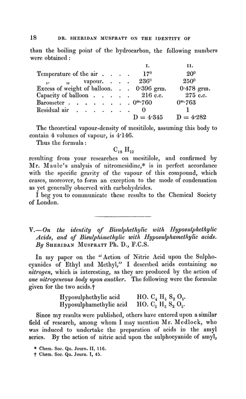 V.—On the identity of bisulphethylic with hyposulphethylic acids, and of bisulphimethylic with hyposulphametic acids
