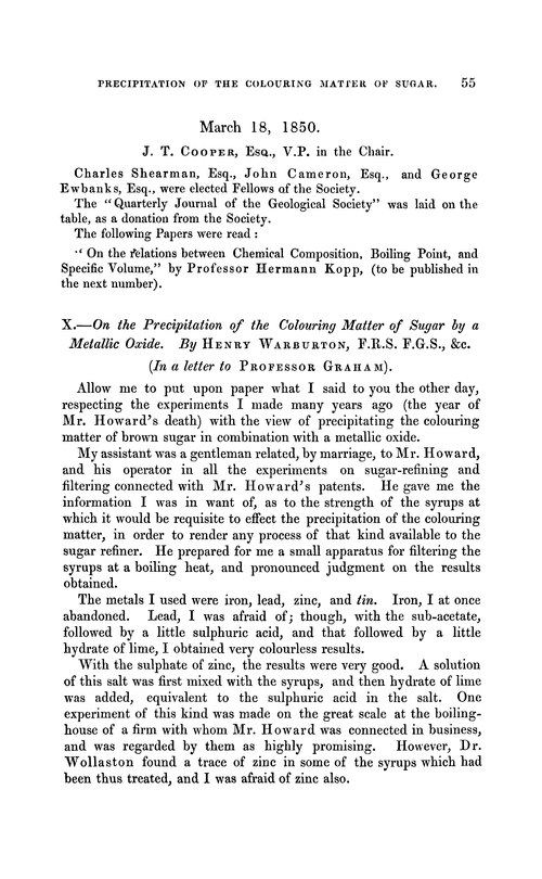 X.—On the precipitation of the colouring matter of sugar by a metallic oxide
