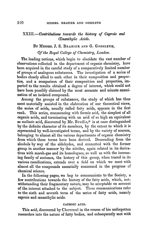 XXIII.—Contributions towards the history of caproic and œnanthylic acids