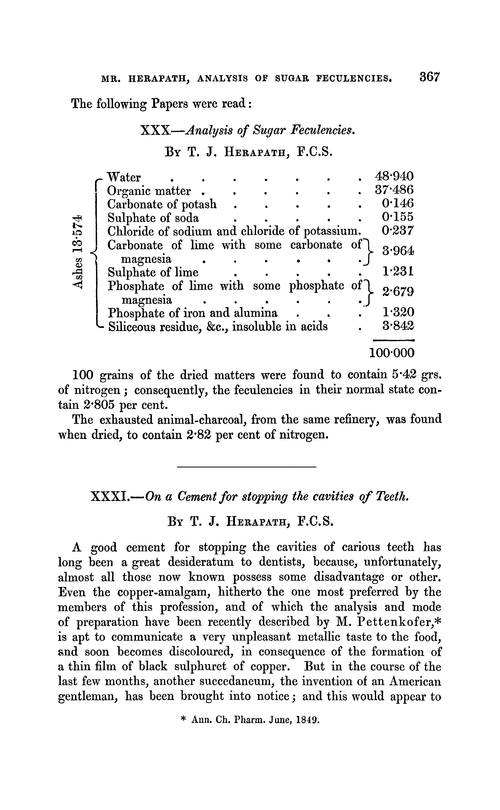 XXXI.—On a cement for stopping the cavities of teeth