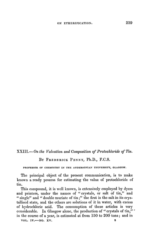 XXIII.—On the valuation and composition of protochloride of tin