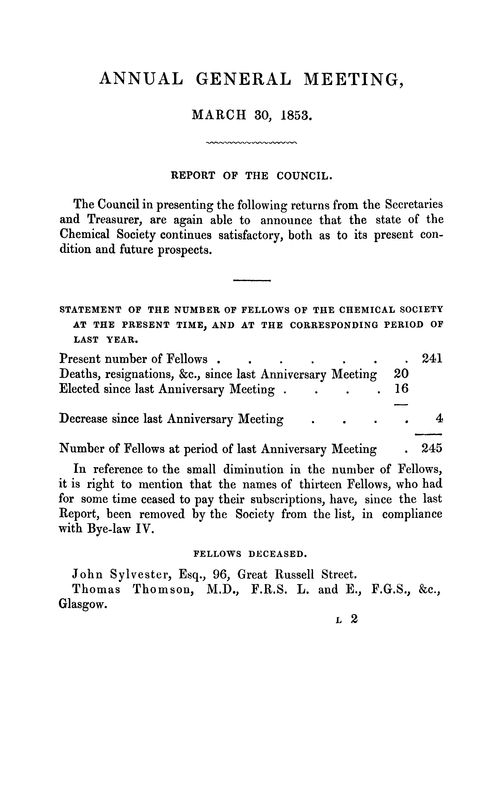 Annual General Meeting, March 30, 1853