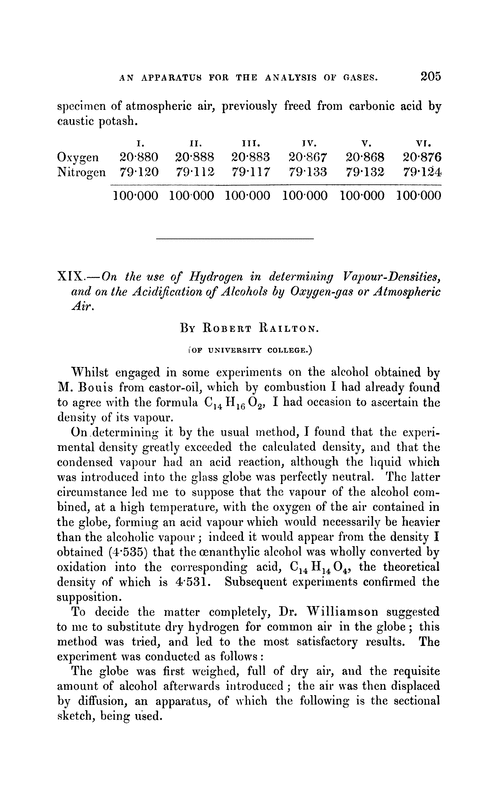 XIX.—On the use of hydrogen in determining vapour-densities, and on the acidification of alcohols by oxygen-gas or atmospheric air