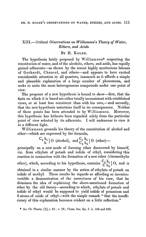 XIII.—Critical observations on Williamson's theory of water, ethers, and acids