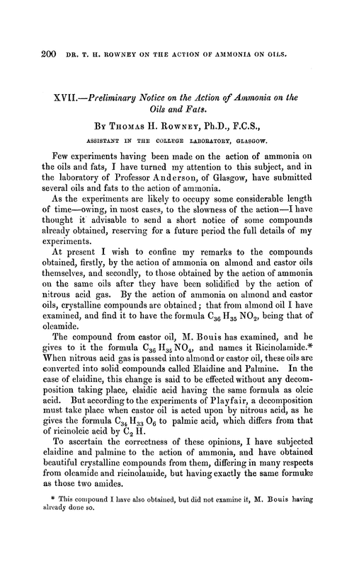 XVII.—Preliminary notice on the aciton of ammonia on the oils and fats