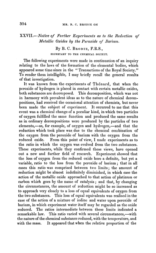 XXVII.—Notice of further experiments as to the reduction of metallic oxides by the peroxide of barium