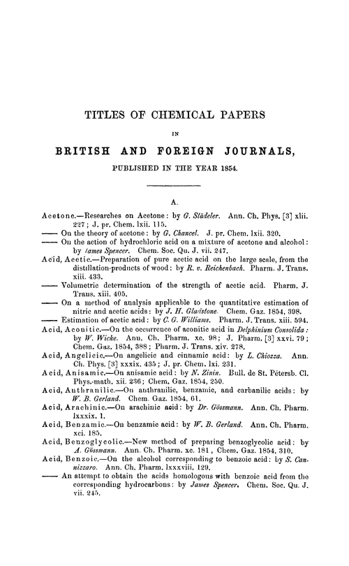 Titles of chemical papers in British and foreign journals, published in the year 1854