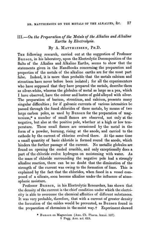 III.—On the preparation of the metals of the alkalies and alkaline earths by electrolysis