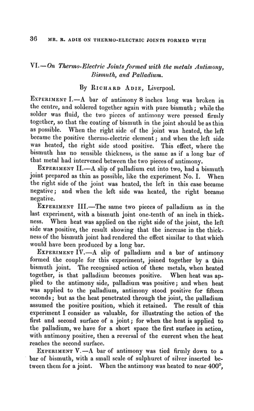 VI.—On thermo-electric joints formed with the metals antimony, bismuth, and palladium