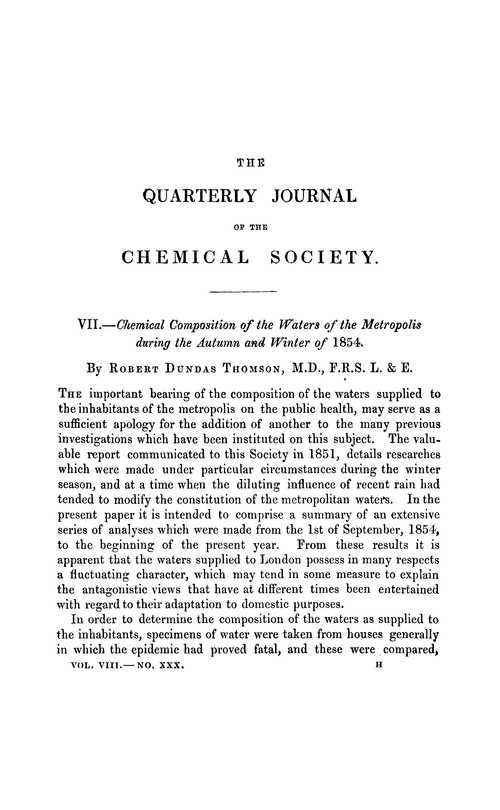 VII.—Chemical composition of the waters of the metropolis during the autumn and winter of 1854