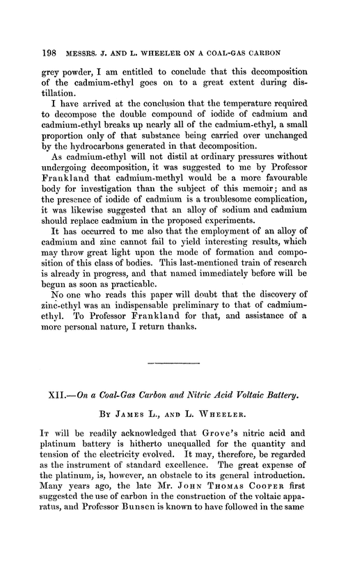 XII.—On a coal-gas carbon and nitric acid voltaic battery