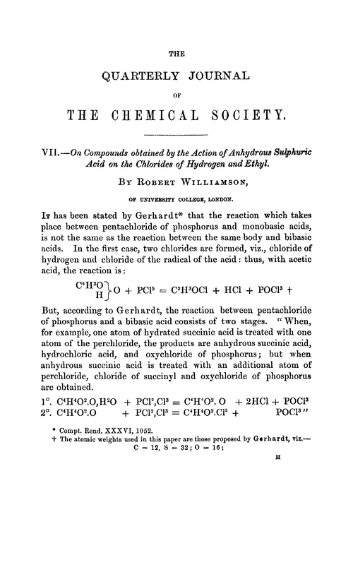 VII.—On compounds obtained by the action of anhydrous sulphuric acid on the chlorides of hydrogen and ethyl