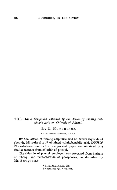 VIII.—On a compound obtained by the action of fuming sulphuric acid on chloride of phenyl
