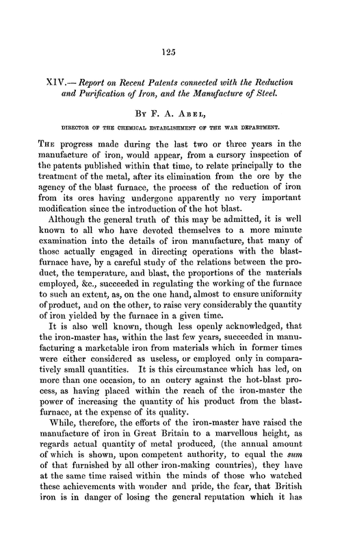 XIV.—Report on recent patents connected with the reduction and purification of iron, and the manufacture of steel