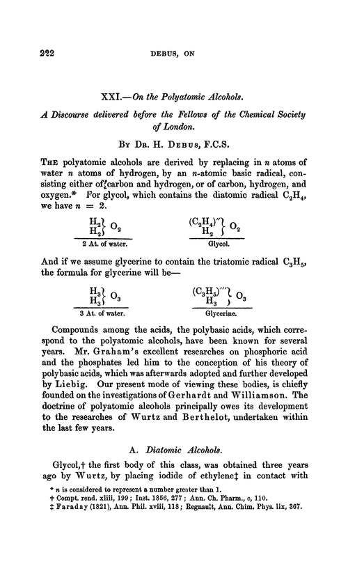 XXI.—On the polyatomic alcohols. A discourse delivered before the fellows of the Chemical Society of London