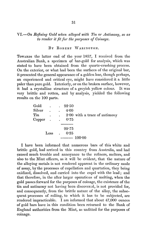 VI.—On refining gold when alloyed with tin or antimony, so as to render it fit for the purposes of coinage