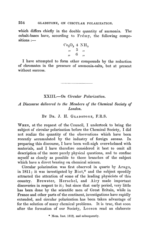 XXIII.—On circular polarization. A discourse delivered to the members of the Chemical Society of London