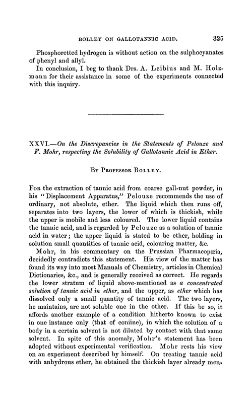 XXVI.—On the discrepancies in the statements of Pelouze and F. Mohr, respecting the solubility of gallotannic acid in ether