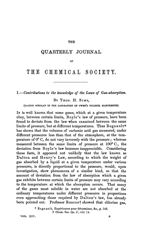 I.—Contributions to the knowledge of the laws of gas-absorption