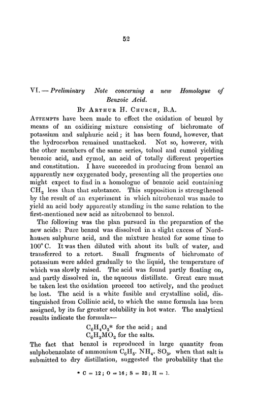 VI.—Preliminary note concerning a new homologue of benzoic acid