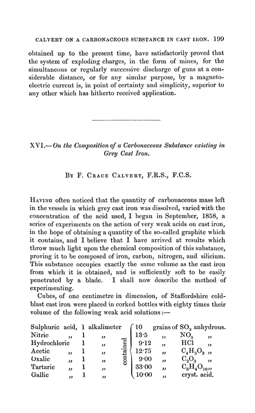 XVI.—On the composition of a carbonaceous substance existing in grey cast iron