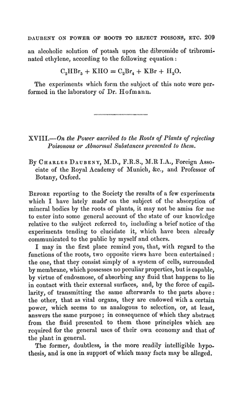 XVIII.—On the power ascreibed to the roots of plants of rejecting poisonous or abnormal substances presented to them