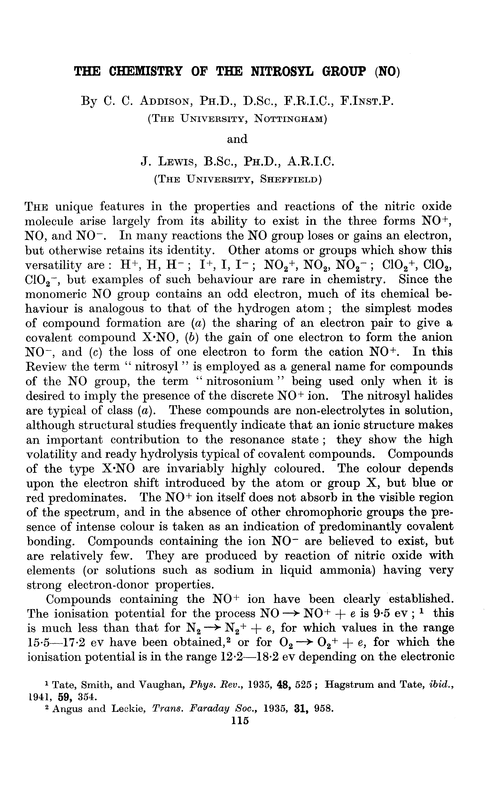 The chemistry of the nitrosyl group (NO)