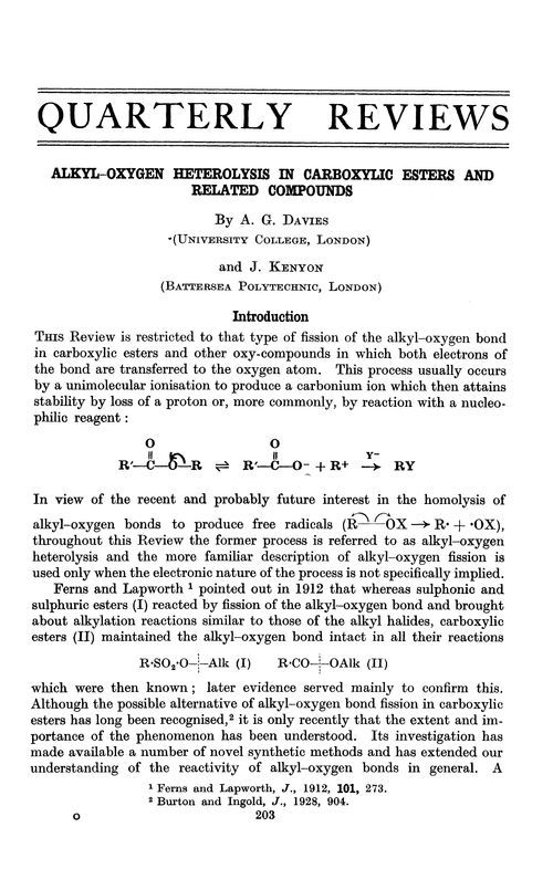 Alkyl–oxygen heterolysis in carboxylic esters and related compounds