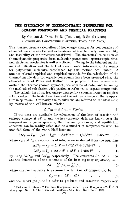 The estimation of thermodynamic properties for organic compounds and chemical reactions