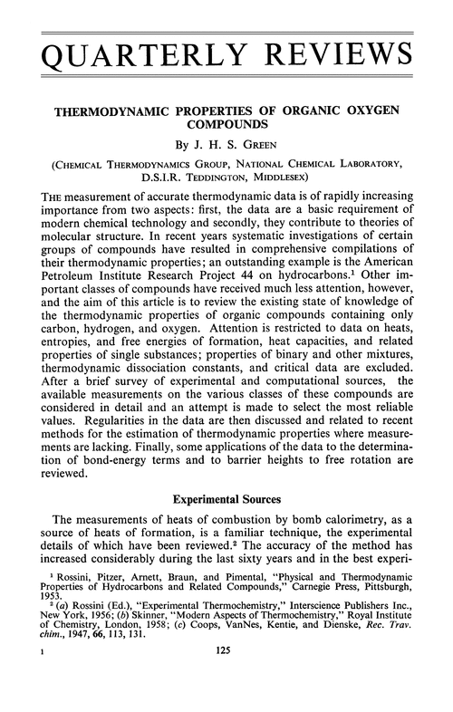 Thermodynamic properties of organic oxygen compounds