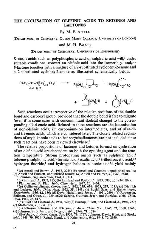 The cyclisation of olefinic acids to ketones and lactones