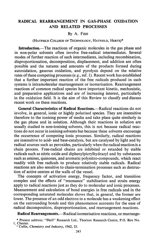 Radical rearrangement in gas-phase oxidation and related processes