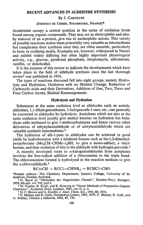 Recent advances in aldehyde synthesis