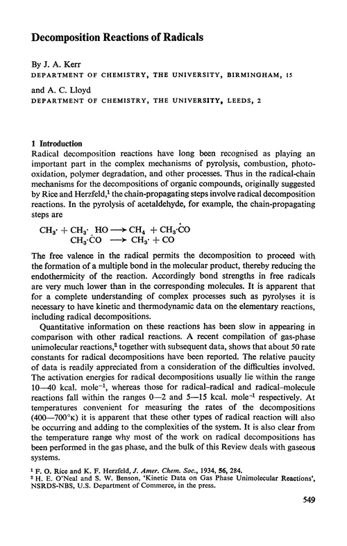 Decomposition reactions of radicals