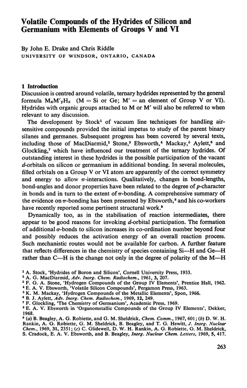 Volatile compounds of the hydrides of silicon and germanium with elements of Groups V and VI