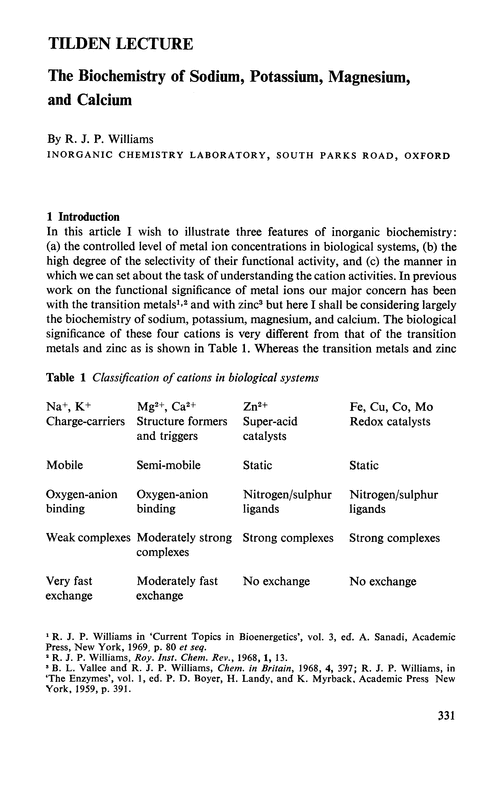 Tilden Lecture. The biochemistry of sodium, potassium, magnesium, and calcium