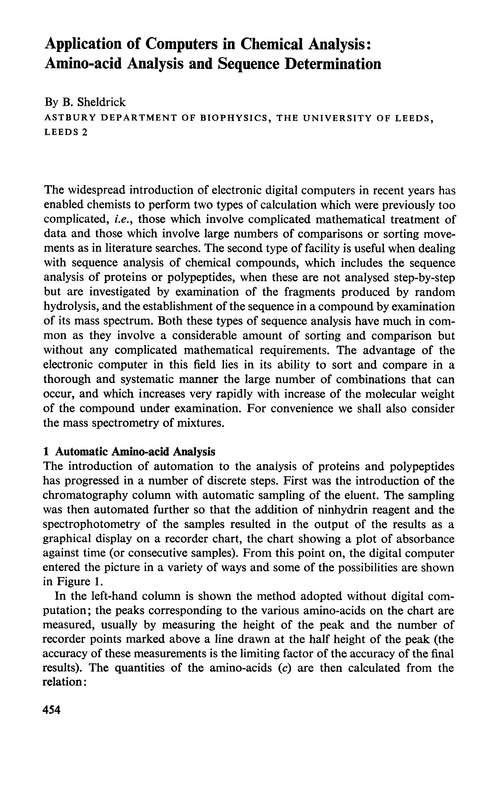 Application of computers in chemical analysis aminoacid analysis and sequence determination