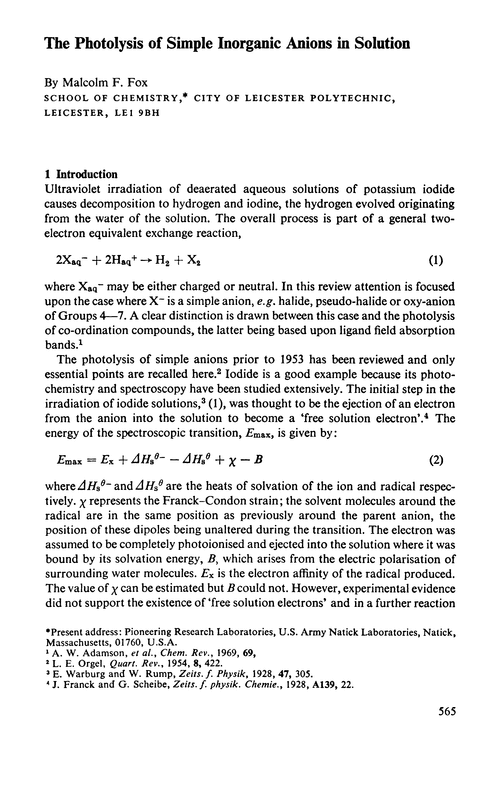 The photolysis of simple inorganic anions in solution