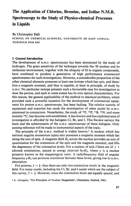 The application of chlorine, bromine, and iodine n.m.r. spectroscopy to the study of physico-chemical processes in liquids