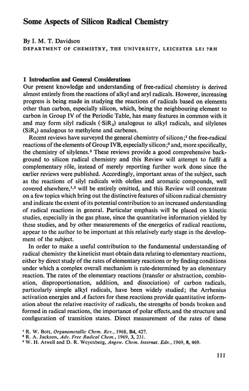 Some aspects of silicon radical chemistry