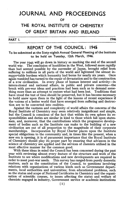 Journal and Proceedings of the Royal Institute of Chemistry of Great Britain and Ireland. Part 1. 1946