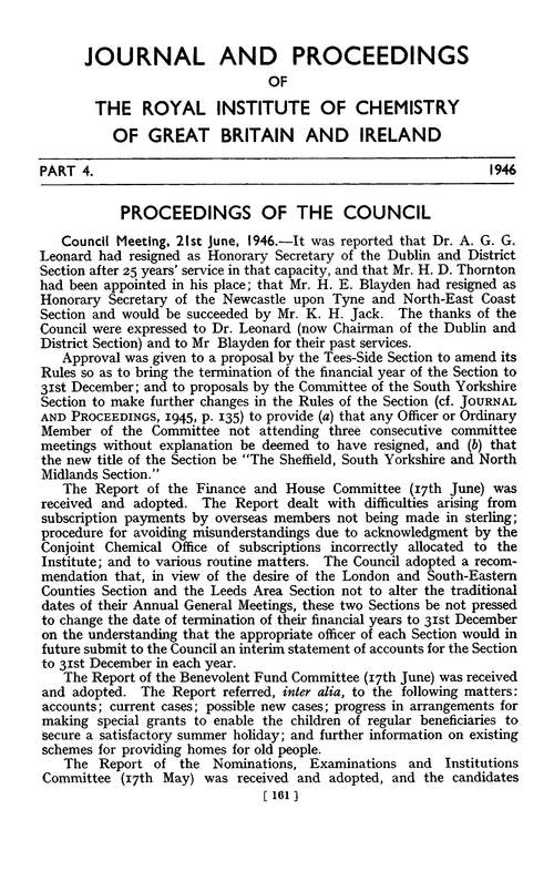 Journal and Proceedings of the Royal Institute of Chemistry of Great Britain and Ireland. Part 4. 1946