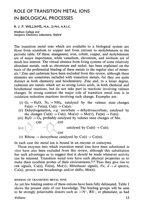 Role of transition metal ions in biological processes